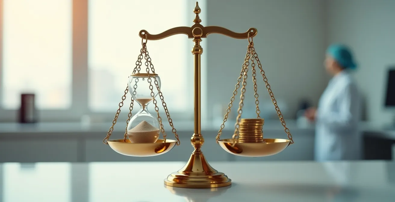 Balance métaphorique équilibrant symboles du temps et de l'argent dans un environnement médical épuré
