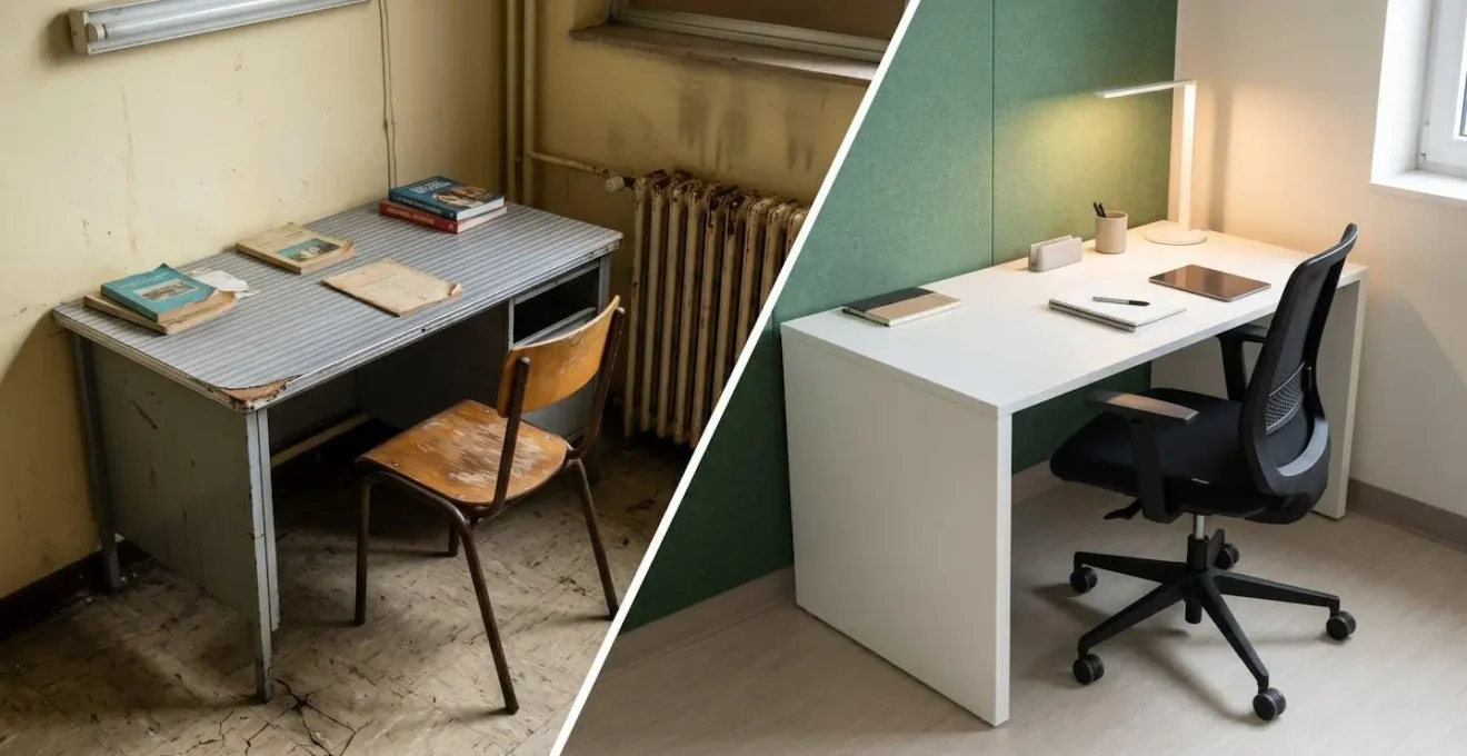 Coin d'une salle de classe avant rénovation (vétuste) et après rénovation (moderne et fonctionnel).
