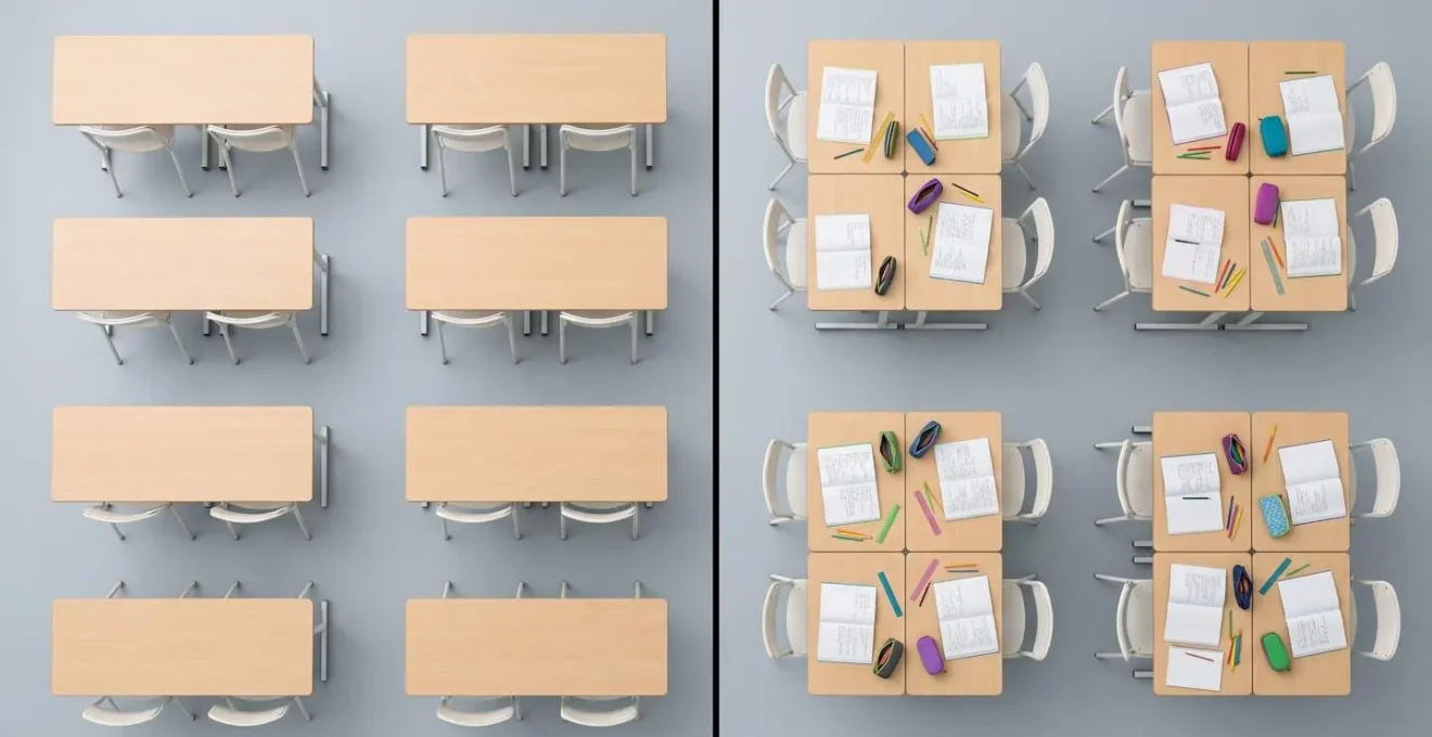 Comparaison de deux configurations de salle de classe : alignée et en îlots.