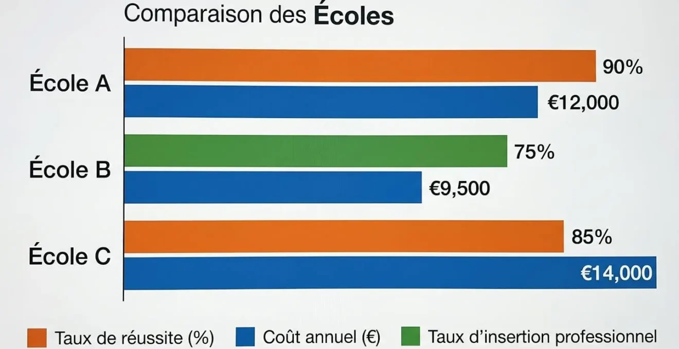 Graphique à barres comparant le taux de réussite et le coût de trois écoles de préparation.