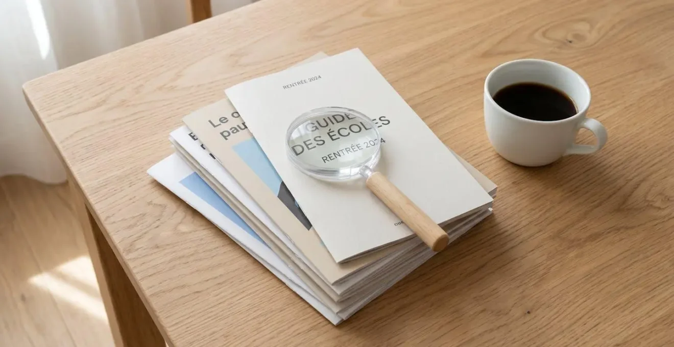 Pile de brochures d'écoles avec une loupe posée dessus, sur une table en bois clair.