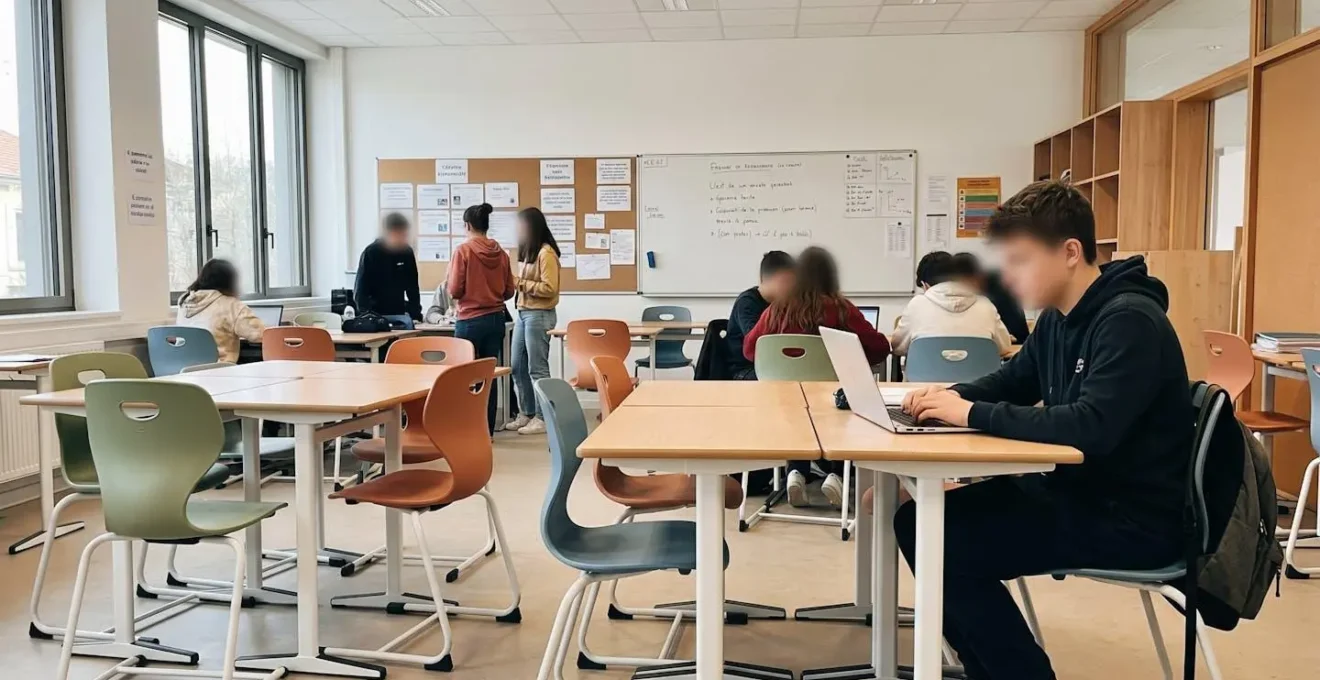 Salle de classe moderne avec mobilier ergonomique, un étudiant travaille sur un ordinateur.