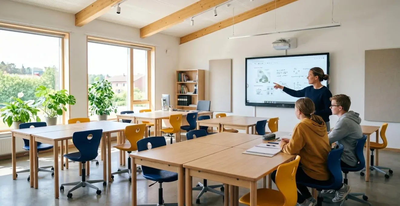 Salle de classe moderne et lumineuse avec mobilier modulable, chaises ergonomiques et tableau interactif.