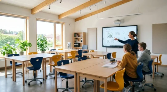 Salle de classe moderne et lumineuse avec mobilier modulable, chaises ergonomiques et tableau interactif.
